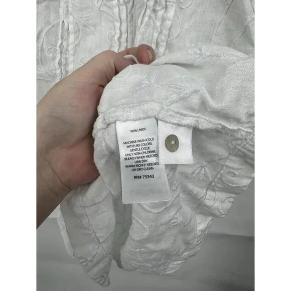 Kenar 100% Linen Shirt Women XL White Embroidered Roll Tab Sleeve Coastal Beach - Picture 3 of 8